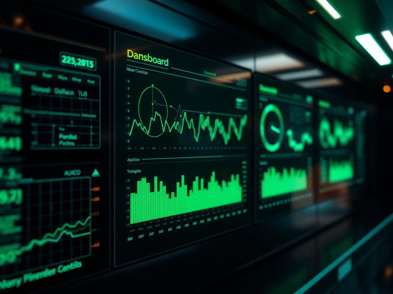 Enterprise dashboard showing green analytics on dark screens